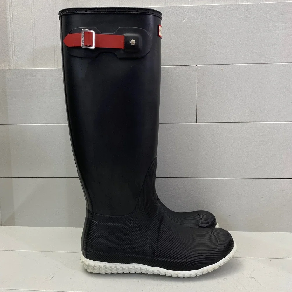 Hunter Original Tall Ribbed Rain Boots Women Size 9 Black White Red Buckle